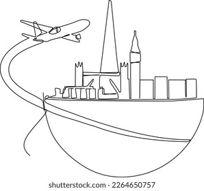 Continuous one line drawing air plane with famous world landmarks. World traveler Concept. Single line draw design vector graphic illustration.