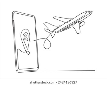 Continuous one line drawing of air plane in smartphone. Single line draw design vector graphic illustration.