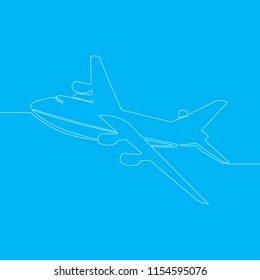 continuous one line drawing aircraft modern minimalistic style vector illustration isolated on blue background