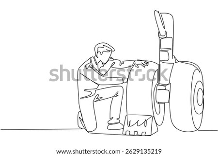 Continuous one line drawing aircraft technician checking the wheels of aircraft. Rechecking the landing control system. Aviation Maintenance Technician Day. Single line draw design vector illustration