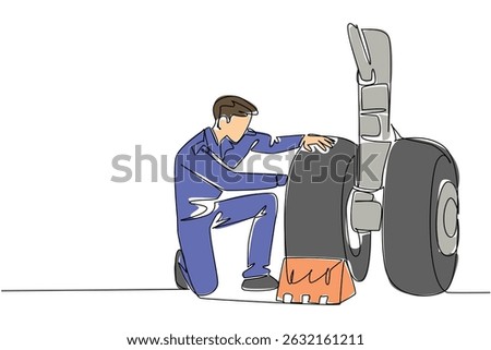 Continuous one line drawing aircraft technician checking the wheels of aircraft. Rechecking the landing control system. Aviation Maintenance Technician Day. Single line draw design vector illustration