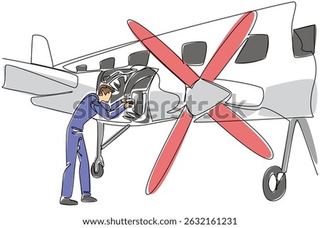 Continuous one line drawing aircraft technician dismantles aircraft propeller engine. Regular maintenance before flying Aviation Maintenance Technician Day. Single line draw design vector illustration