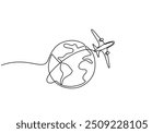 Continuous one line drawing of an airplane flying around the earth. Represents worldwide travel in a simple hand-drawn style.