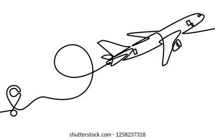Continuous one line drawing of Airplane line path vector icon of air plane flight route with start point and dash line trace - Vector illustration.