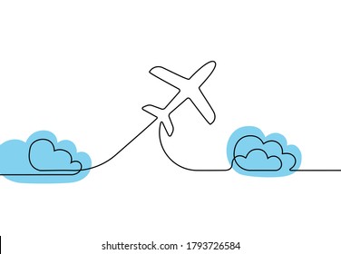 Continuous one line drawing of airplane. Minimalist design travel theme, passenger plane with blue clouds for logo. Simple sketch vector illustration