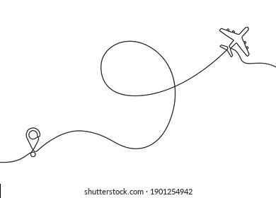 Continuous one line drawing airplane path  One single line air plane route and start point   and trace  Vector illustration 
