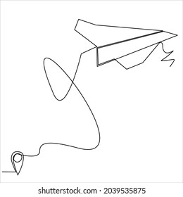 Continuous one line drawing of Airplane line path vector icon of air plane flight route with start point and dash line trace - Vector illustration.