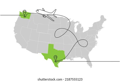 Kontinuierliche Zeichnung von Flugstrecken in den Vereinigten Staaten von Amerika aus Texas Washington. Flugstreckensymbol mit Startpunkt und Einzeilenpfad in Dodellastik