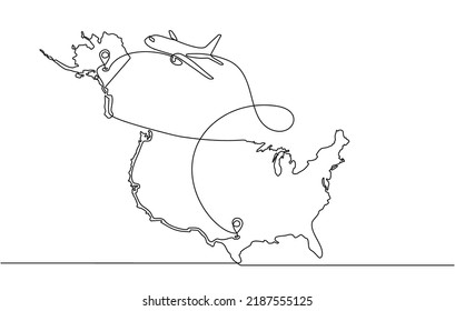 Dibujo continuo de una línea de rutas aéreas en los Estados Unidos de América desde Texas Alaska. icono de ruta de vuelo de avión con ubicación de punto de partida y pista de línea única en estilo doodle