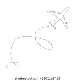 Continuous one line drawing of airplane path. One single line air plane route with a start point and and trace. Vector illustration