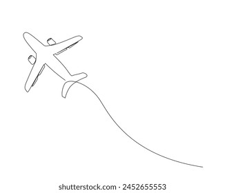 Continuous one line drawing of airplane flight. Aeroplane simple outline vector illustration. Editable stroke.