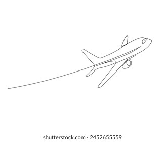 Continuous one line drawing of airplane flight. Aeroplane simple outline vector illustration. Editable stroke.