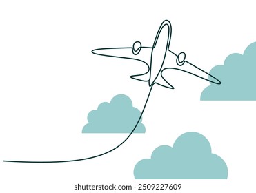 Continuous one line drawing of an airplane in the clouds. Illustrates the aircraft flying through clouds in a minimalist design.