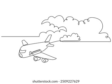 Continuous one line drawing of an airplane in the clouds. Illustrates the aircraft in a minimalist hand-drawn design.