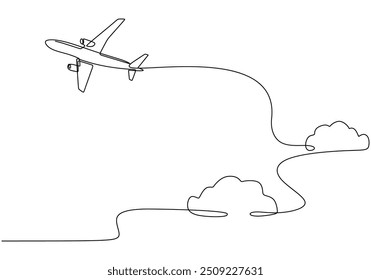 Continuous one line drawing of an airplane in the clouds. Features the aircraft soaring in a minimalist hand-drawn style.