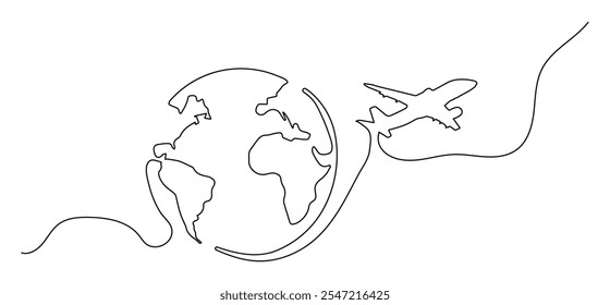 A continuous one line drawing of an airplane flying around the earth. Represents travel around the world in a simple hand-drawn style