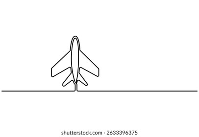 Continuous one line drawing of airplane path. One single line air plane route with a start point and and trace. Vector illustration.