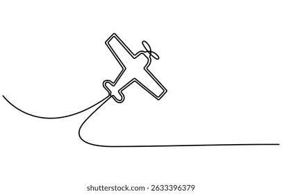 Continuous one line drawing of airplane path. One single line air plane route with a start point and and trace. Vector illustration.