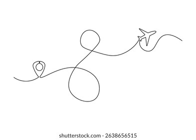 Continuous one line drawing of Airplane route with start point. Single line drawing illustration of Travel route symbol. Traffic line map location pin concept vector art. Doodle line illustration.