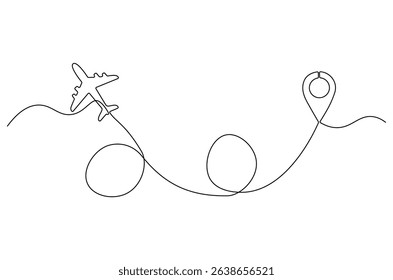 Continuous one line drawing of Airplane route with start point. Single line drawing illustration of Travel route symbol. Traffic line map location pin concept vector art. Doodle line illustration.