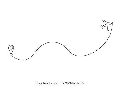 Continuous one line drawing of Airplane route with start point. Single line drawing illustration of Travel route symbol. Traffic line map location pin concept vector art. Doodle line illustration.