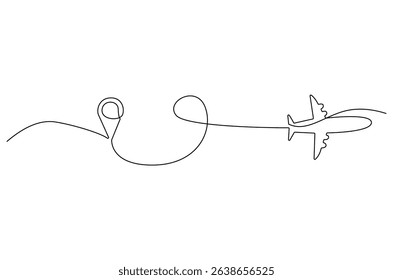 Continuous one line drawing of Airplane route with start point. Single line drawing illustration of Travel route symbol. Traffic line map location pin concept vector art. Doodle line illustration.