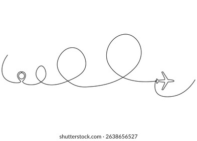 Continuous one line drawing of Airplane route with start point. Single line drawing illustration of Travel route symbol. Traffic line map location pin concept vector art. Doodle line illustration.