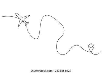 Continuous one line drawing of Airplane route with start point. Single line drawing illustration of Travel route symbol. Traffic line map location pin concept vector art. Doodle line illustration.