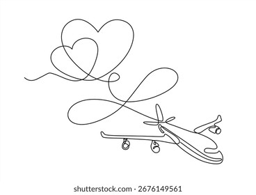 Continuous one line drawing of airplane path in symbol of infinity and heart form. One single line airplane route aircraft with heart shaped trace.  Hand drawn one line vector. Editable stroke