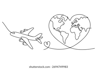 Continuous one line drawing of airplane flying around heart shaped world map illustration
