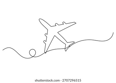 Dibujo continuo de una línea de un avión en vuelo, que simboliza los viajes y la aventura globales