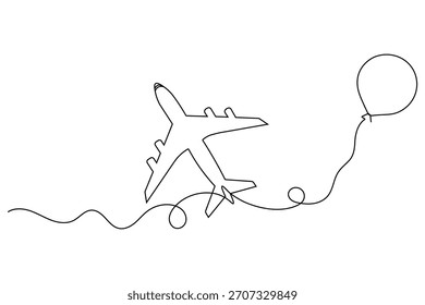 Dibujo continuo de una línea de un avión volando con un globo, que simboliza el viaje y la libertad