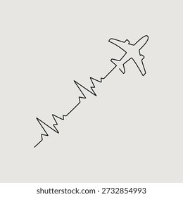 Desenho contínuo de uma linha de avião com pulso de frequência cardíaca. Conceito de paixão de viagem e aventura de aviação.