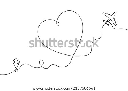 Continuous one line drawing of airplane path in heart form. One single line airplane route with start point and hearted way, aircraft with heart shaped trace. Vector illustration.