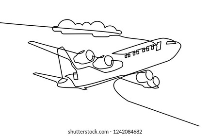 Continuous one line drawing. airplanes on the clouds. Black and white background vector illustration.