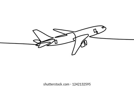 Continuous one line drawing. airplanes on the clouds. Black and white background vector illustration.