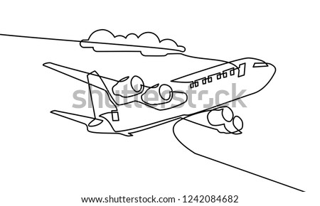 Continuous one line drawing. airplanes on the clouds. Black and white background vector illustration.
