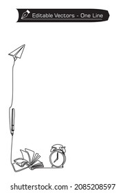 Continuous one line drawing of alarm clocks, books, pens, paper airplanes, for a frame in a constant black outline. 
Vector stock illustration. For covers. Happy thanks giving - Back to school concept