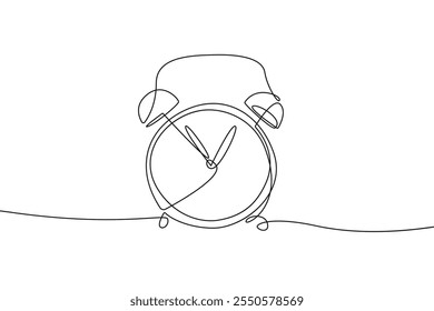 Continuous One Line Drawing of Alarm Clock. Vector One Line Illustration Concept for Business and Education Design. Alarm Clock Minimalist Black Sketch Isolated on White Background. Not AI
