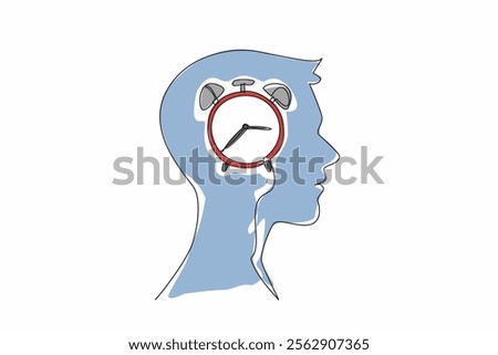 Continuous one line drawing the alarm clock inside the human head. The brain processes all organs naturally. Works 24 hours a day. Biological Clock Day. Single line draw design vector illustration