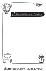 Continuous one line drawing of a alarms, backpacks, gas balloons, paper airplanes, for a frame in a constant black outline. Vector stock illustration. For frame.Happy thanks giving - Back to school.