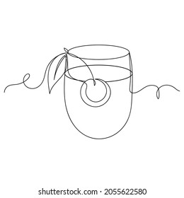 Dibujo continuo de una línea de un cóctel de licor de alcohol con cereza dulce en silueta sobre un fondo blanco. Linear estilizado.