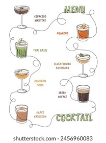 Continuous one line drawing of alcoholic cocktail drinks isolated on white background. Espresso martini, negroni, thai basil, elderflower rosemary, bourbon sour, irish coffee, kaffe karlsson