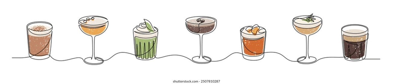 Continuous one line drawing of alcoholic cocktail drinks isolated on white background. Espresso martini, negroni, thai basil, elderflower rosemary, bourbon sour, irish coffee, kaffe karlsson