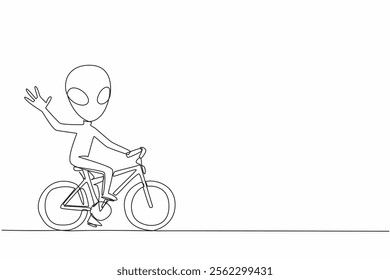 Continuous one line drawing alien riding a bike. Alien environmentalist because healthy living doing exercising. Alien bike to work campaign. Alien Day. Single line draw design vector illustration