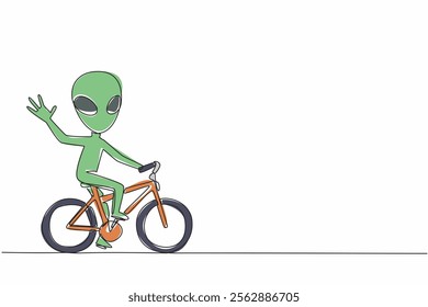 Continuous one line drawing alien riding a bike. Alien environmentalist because healthy living doing exercising. Alien bike to work campaign. Alien Day. Single line draw design vector illustration