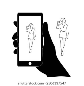 Continuous one line drawing Amateur Photoshoot,  Happy Couple, Photographer and Model Cartoon Characters. Photo Session, Woman Posing for Cameraman. Young Boyfriend Taking Girlfriend Photo