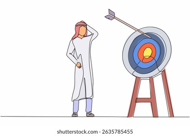 Continuous one line drawing ambition Arabian businessman arrow missed at the target. Failed hit archery target. Business challenge failure metaphor. Single line draw design vector graphic illustration