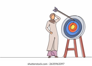 Continuous one line drawing ambition Arab businesswoman arrow missed at the target. Failed hit archery target. Business challenge failure metaphor. Single line draw design vector graphic illustration