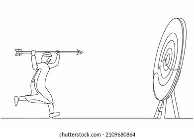 Continuous one line drawing ambitious Arabian businessman point big arrow on target. Goal achievement concept. Business purpose, goal, strategy success concept. Single line draw design vector graphic